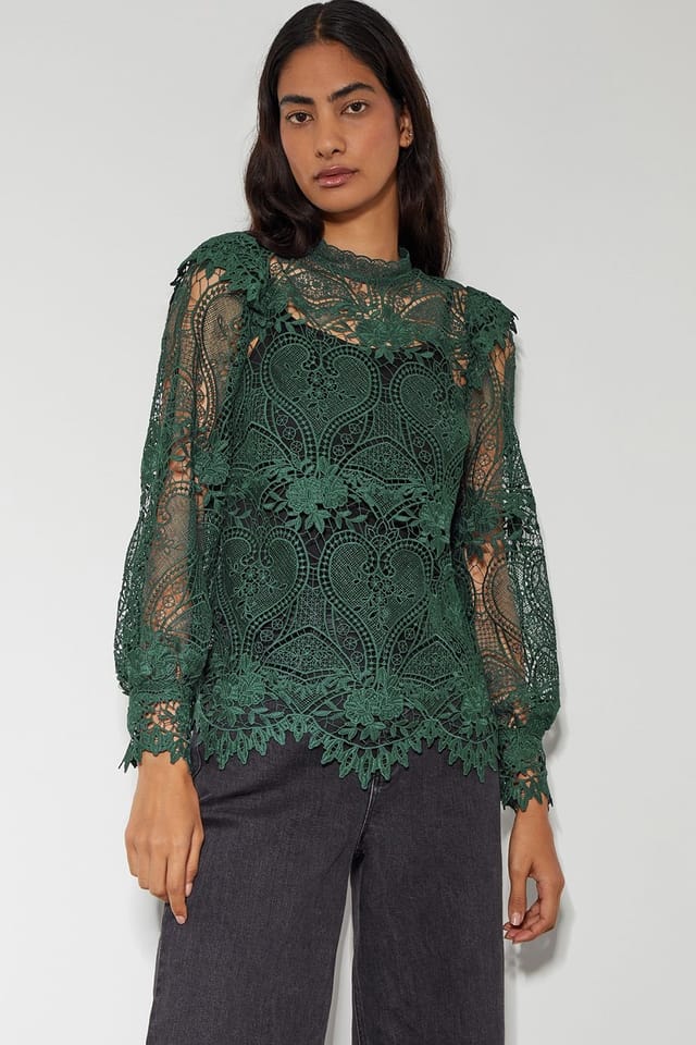 Monsoon Monsoon Women's Lucy Lace Long Sleeve Blouse Teal - 2