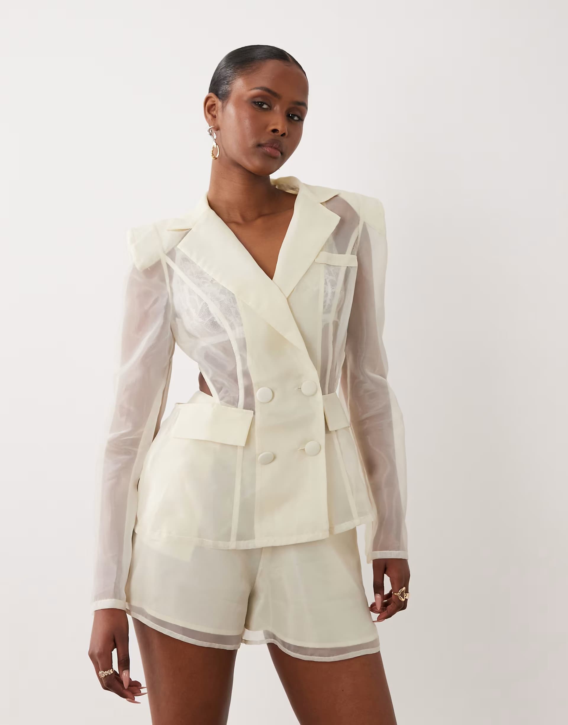 ASOS ASOS LUXE co-ord sheer cinched blazer top in white