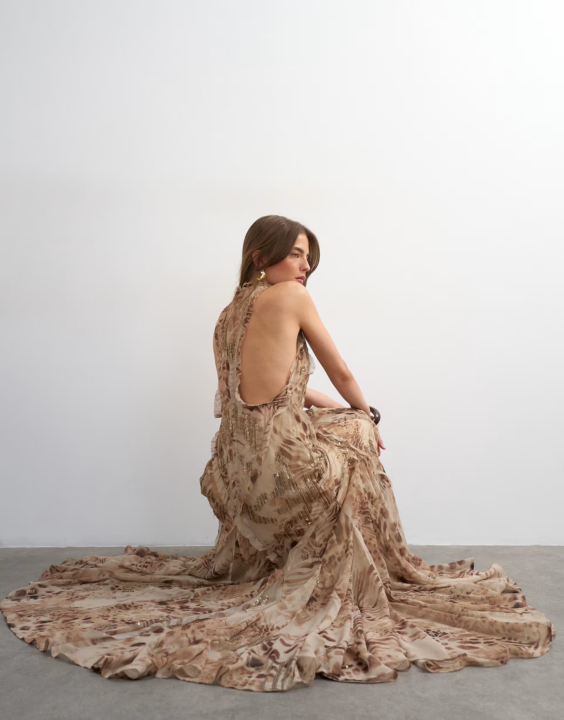 ASOS Topshop premium embellished high neck open back maxi dress in natural abstract animal print