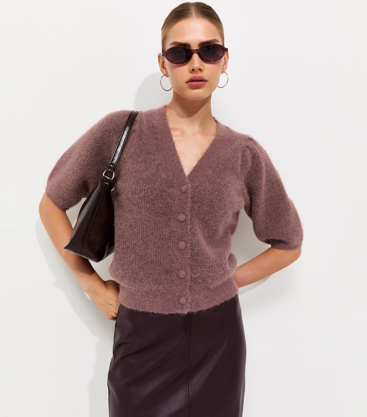 New Look Women's Dark Pink Ribbed Knit Puff Sleeve Cardigan New Look