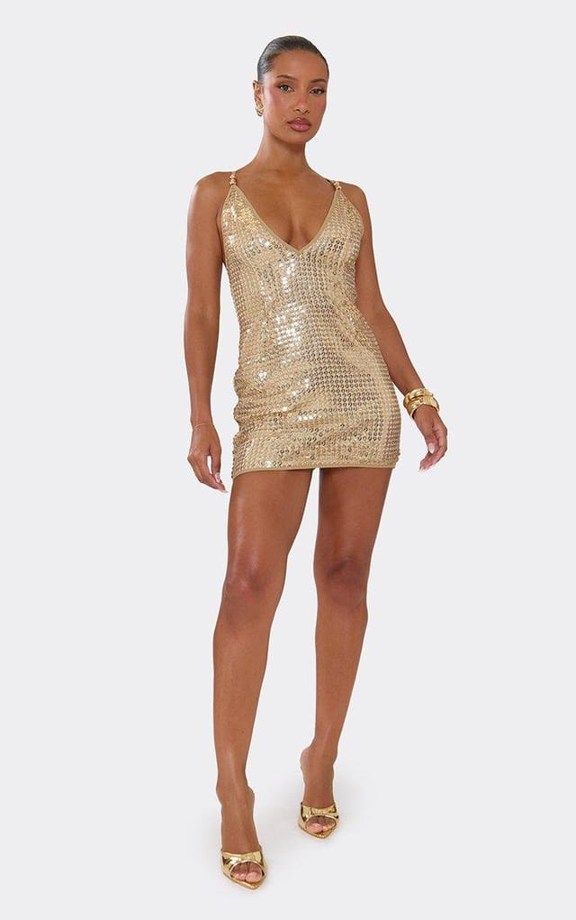 EGO Plunge Neck Beaded Detail Mini Dress In Gold Sequin, Women's Size UK 6 - 2