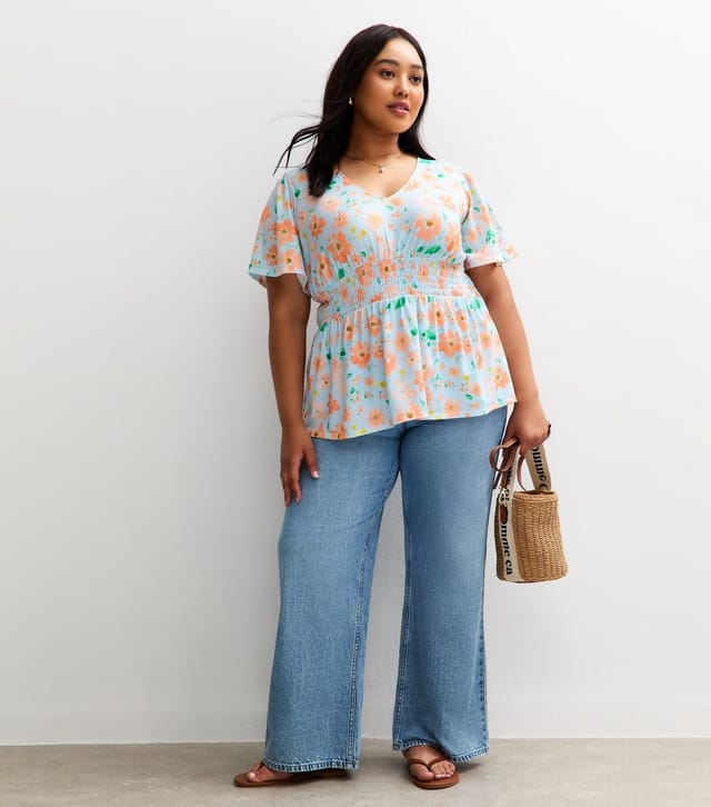 New Look Women's Plus Size Light Blue Floral Print Top Curves New Look - 3