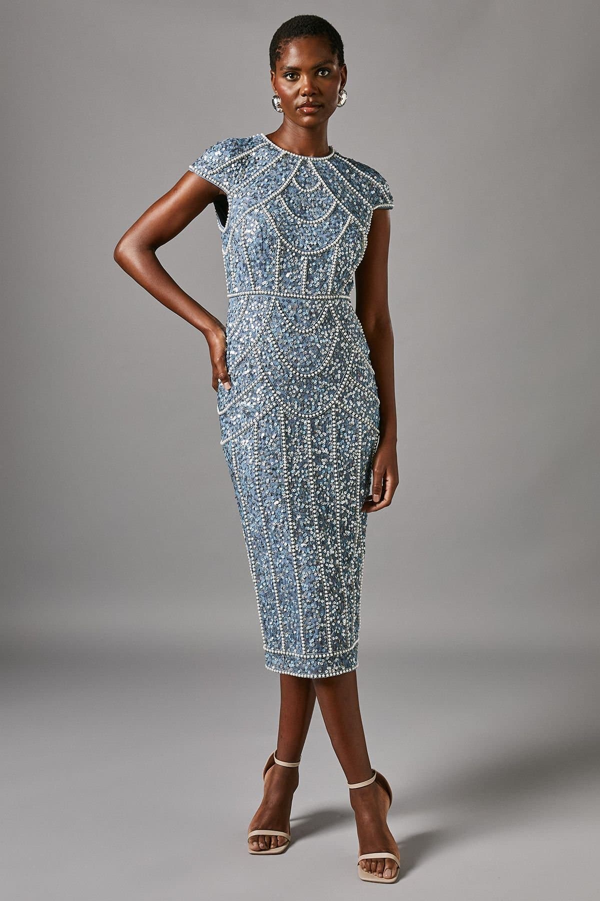 Coast Coast Women's Cap Sleeve Pearl Embellished Pencil Dress in Dusty Blue