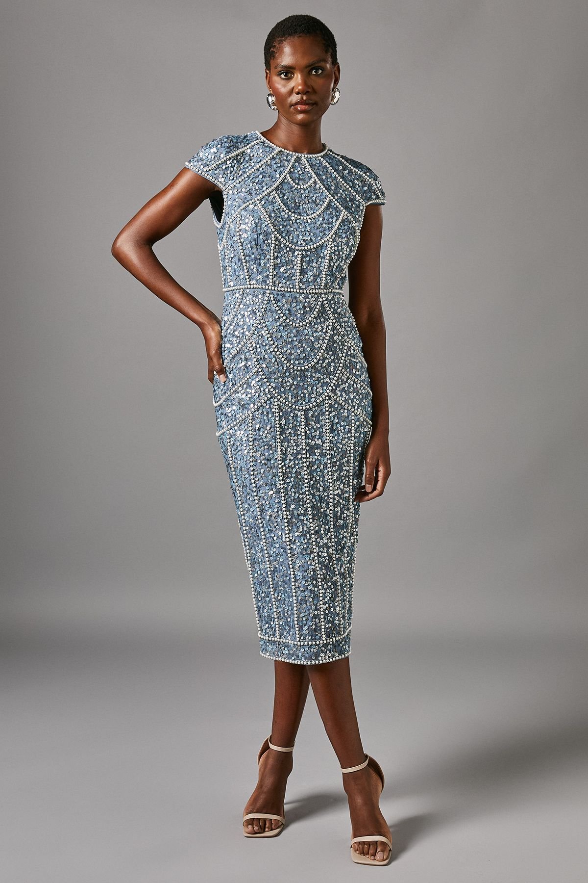 Coast Coast Women's Cap Sleeve Pearl Embellished Pencil Dress in Dusty Blue - 2