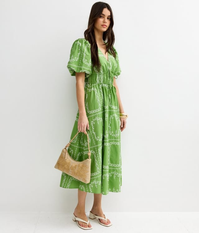 New Look Women's Bright Green Embroidered Puff Sleeve Midi Dress New Look - 2