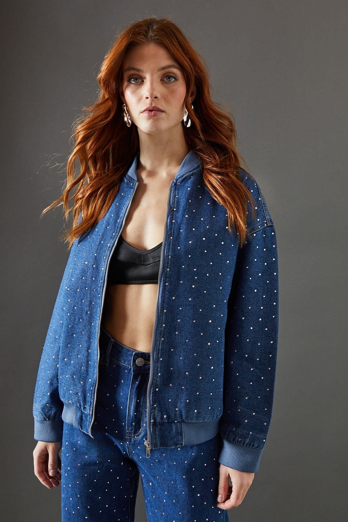 Warehouse Warehouse Women's Denim Bomber Jacket in Dark Wash