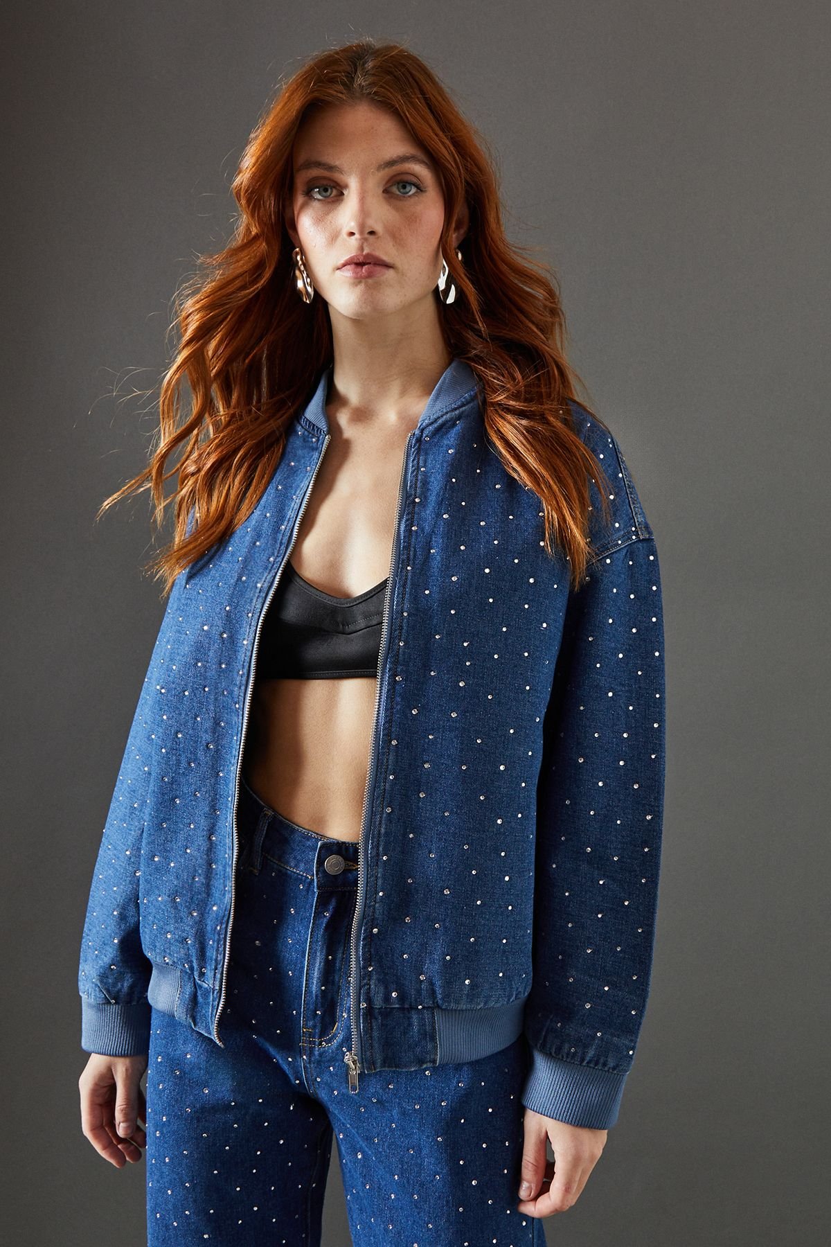 Warehouse Warehouse Women's Denim All Over Hotfix Bomber Jacket in Dark Wash - 2