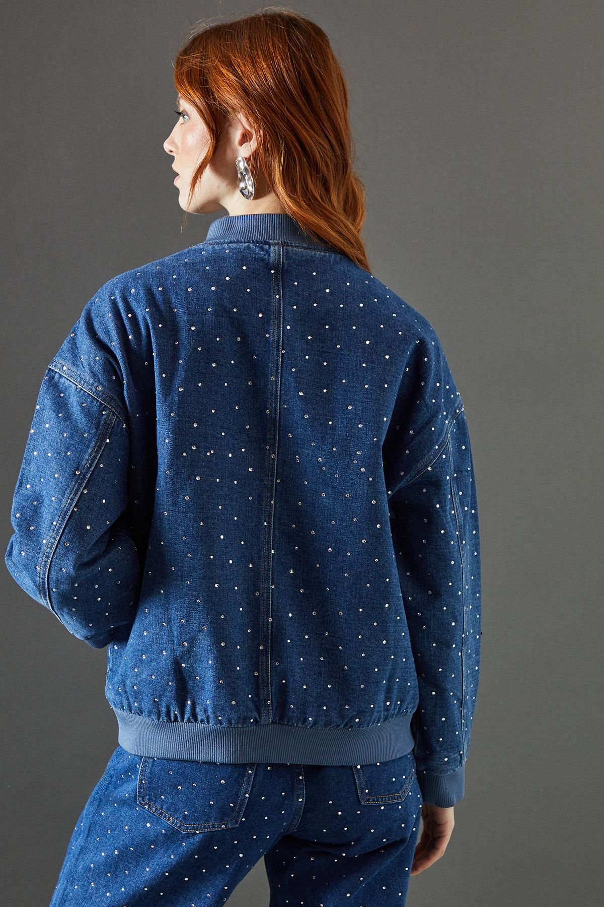 Warehouse Warehouse Women's Denim All Over Hotfix Bomber Jacket in Dark Wash - 3