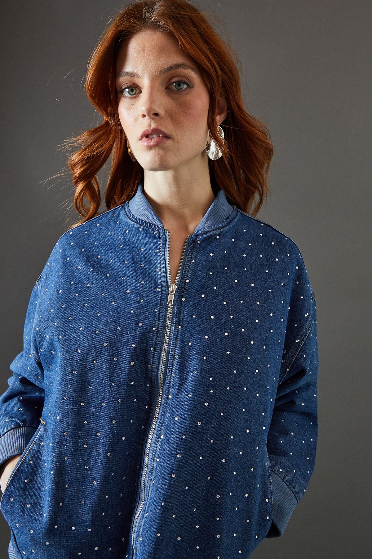 Warehouse Warehouse Women's Denim All Over Hotfix Bomber Jacket in Dark Wash - 4