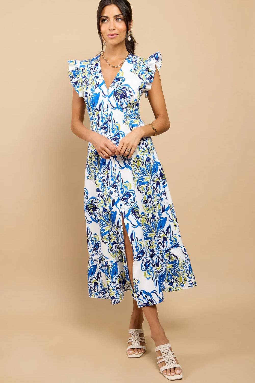 Little Mistress Little Mistress Women's Blue Floral Print Button Down Midaxi Dress - 2