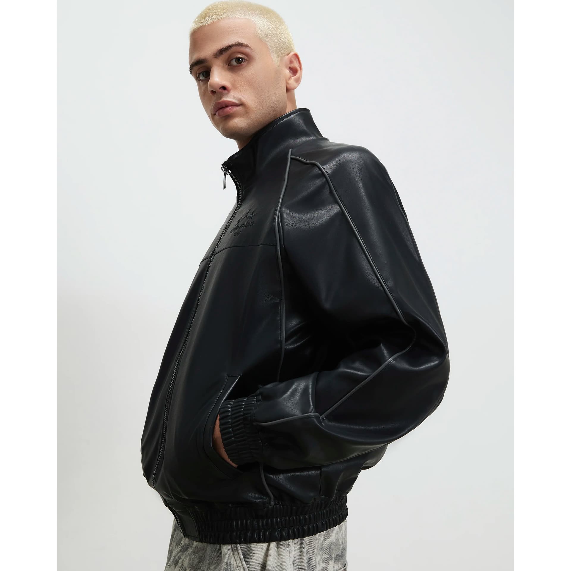 River Island Mens River Island Black Faux Leather Tracksuit Jacket