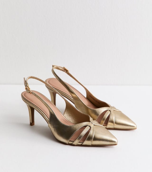 New Look Women's Gold Faux Leather Cut Out Slingback Court Shoes Vegan New Look - 2