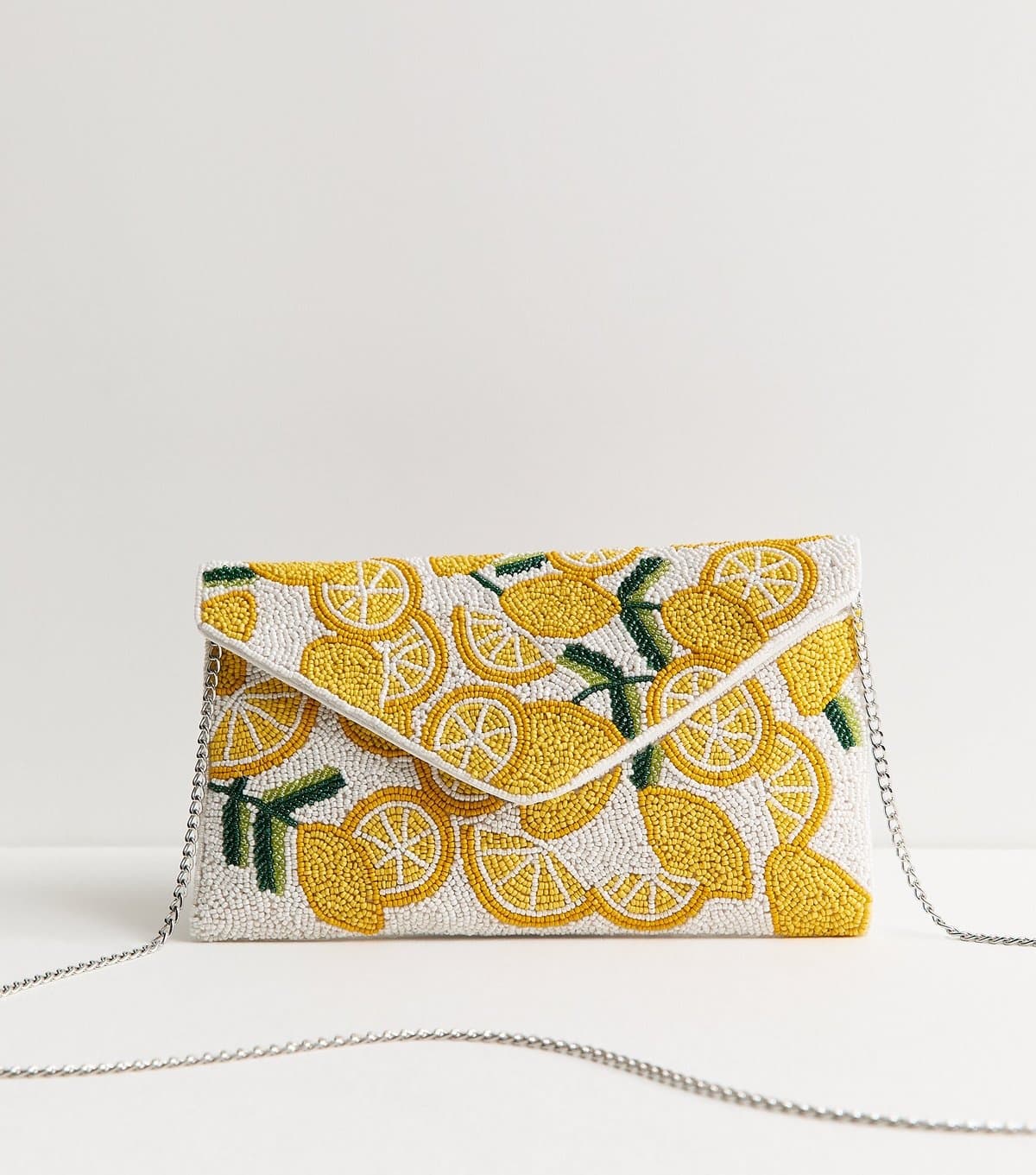 New Look White Citrus Pattern Beaded Envelope Clutch New Look
