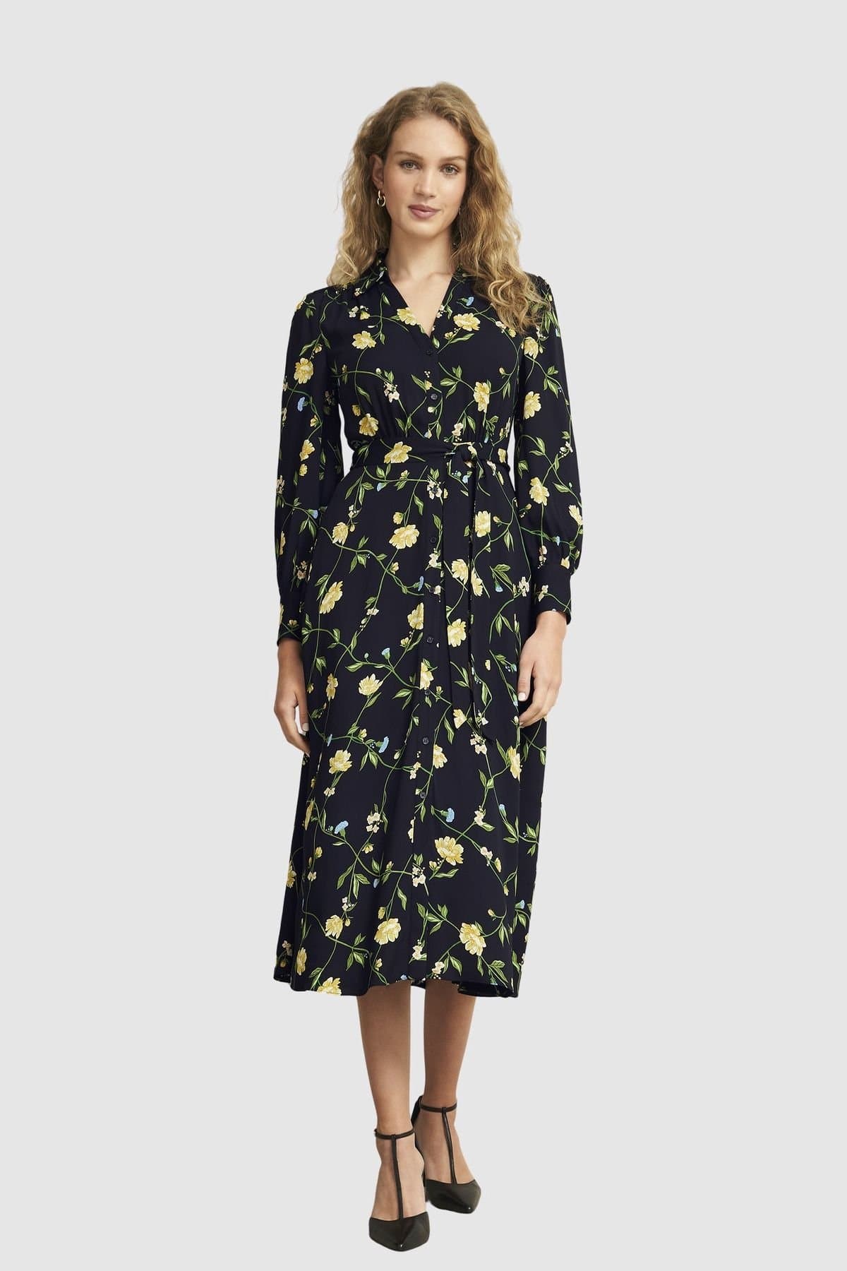 Hobbs London Hobbs London Women's Everly Long Sleeve V-Neck Midi Dress in Dark Navy