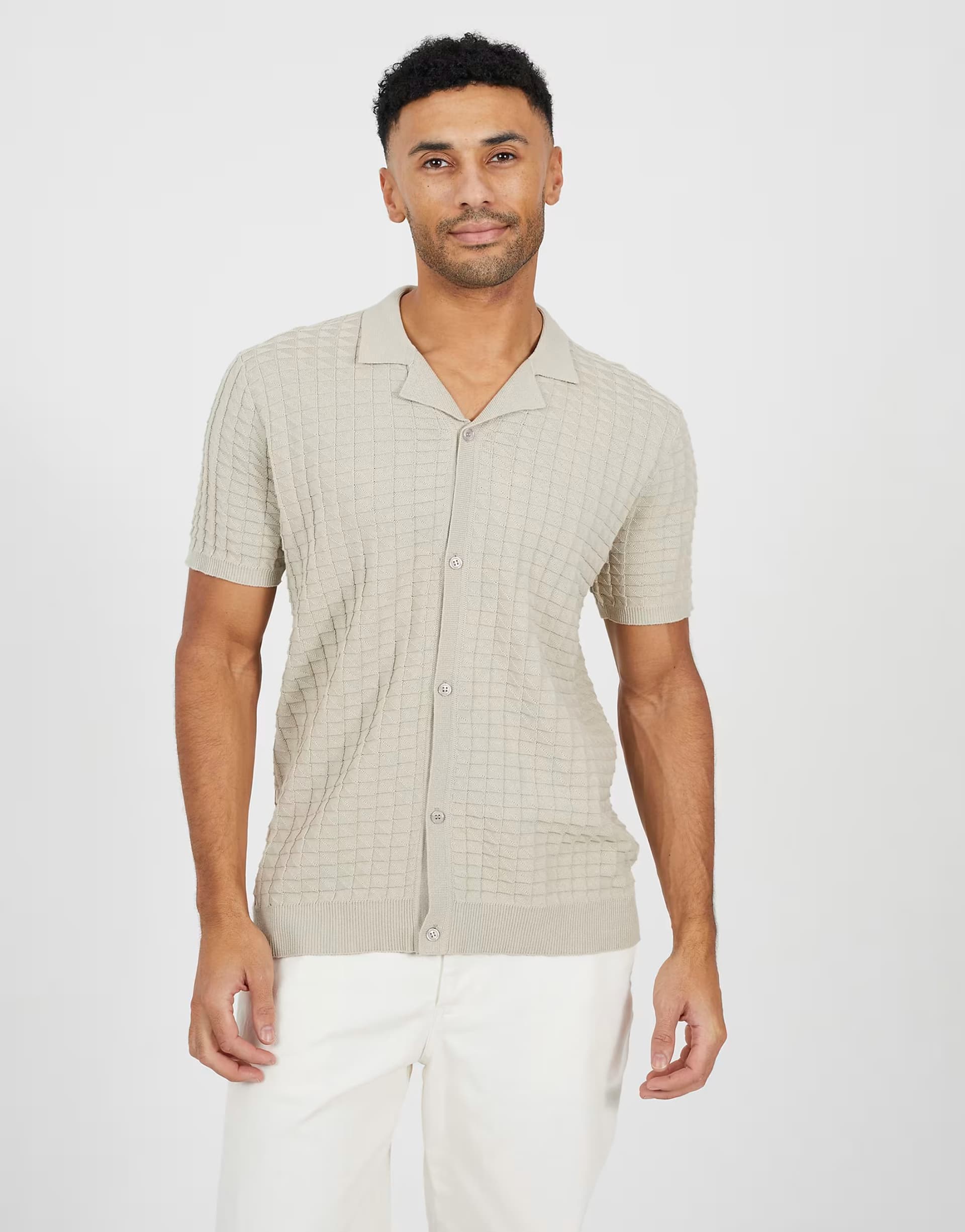 ASOS Brave Soul Revere collar knitted short sleeve shirt in light stone