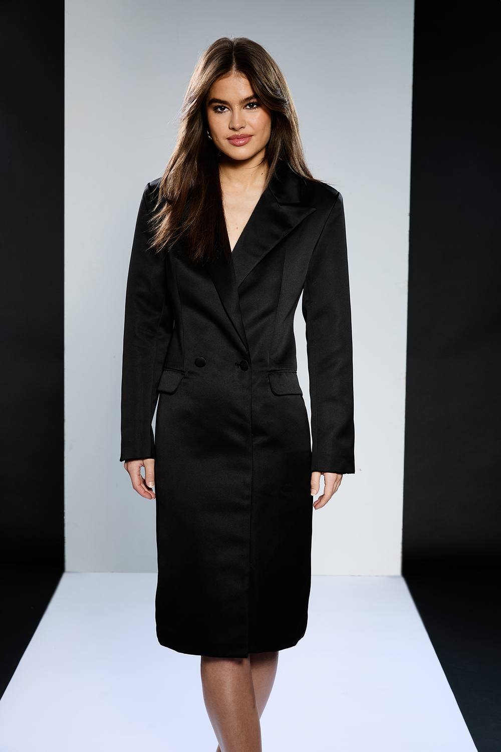 RUNWAY 1.8.1.8 RUNWAY 1.8.1.8 Women's Satin Double Breasted Blazer Dress in Black - 1