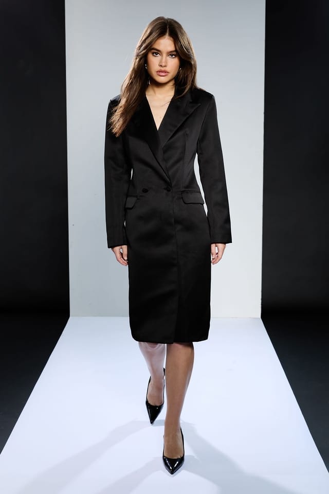 RUNWAY 1.8.1.8 RUNWAY 1.8.1.8 Women's Satin Double Breasted Blazer Dress in Black - 2