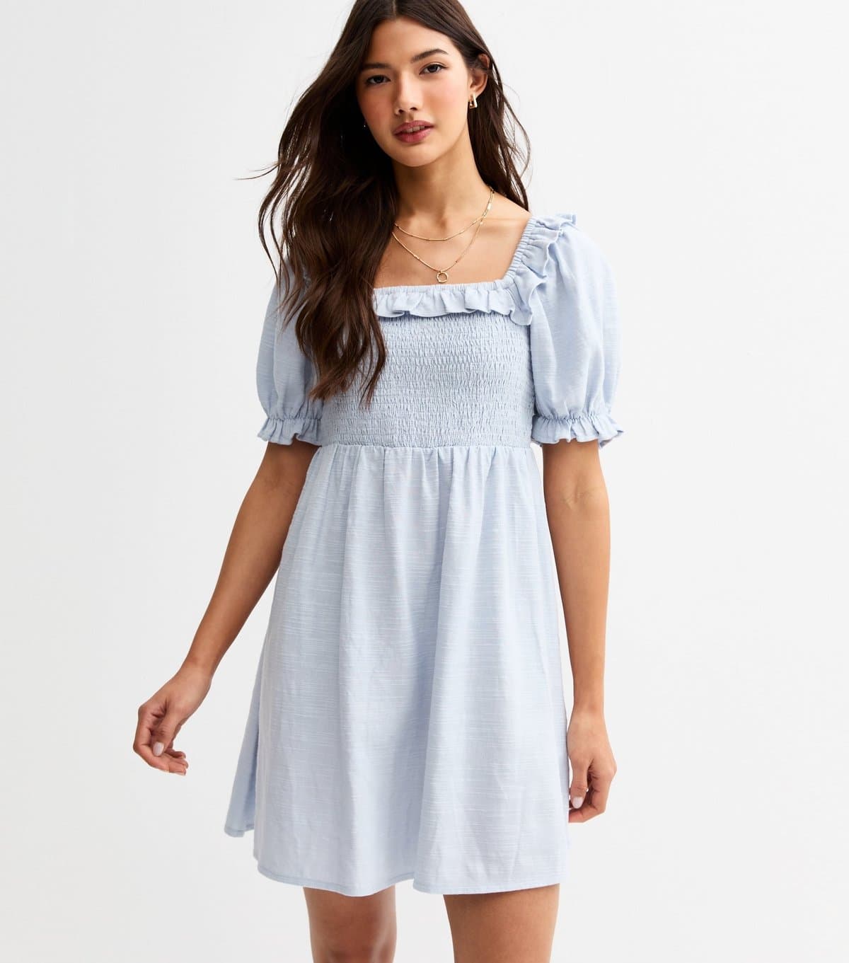 New Look Women's Light Blue Puff Sleeve Shirred Mini Dress New Look