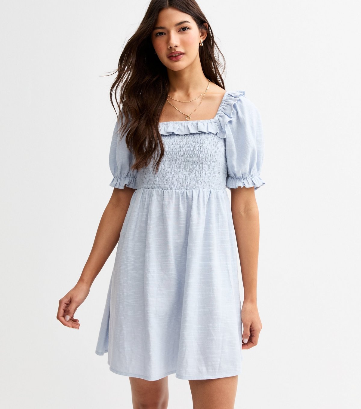 New Look Women's Light Blue Puff Sleeve Shirred Mini Dress New Look - 2