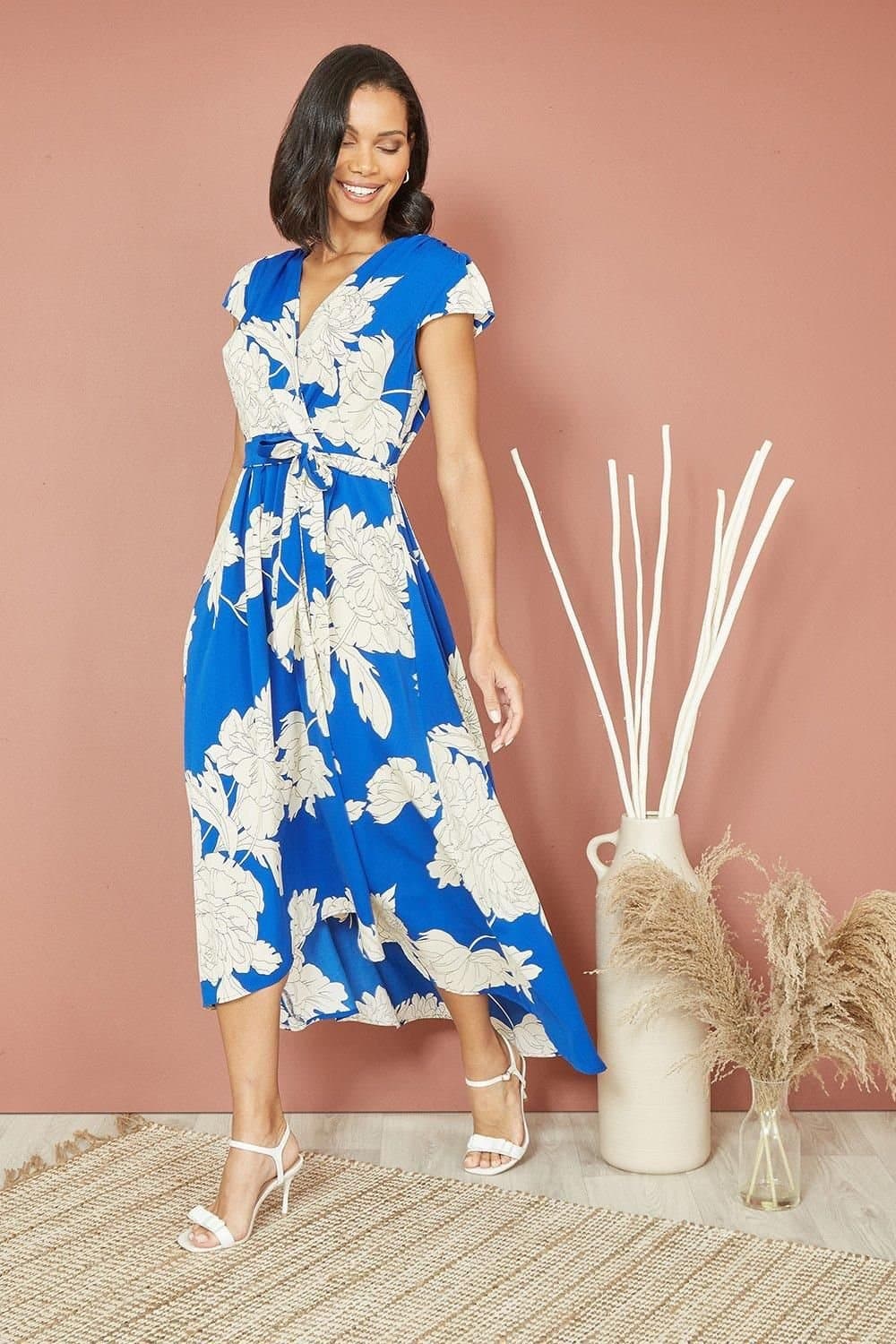 Mela Mela Women's Blue Blossom Print Wrap Midi With Dipped Hem