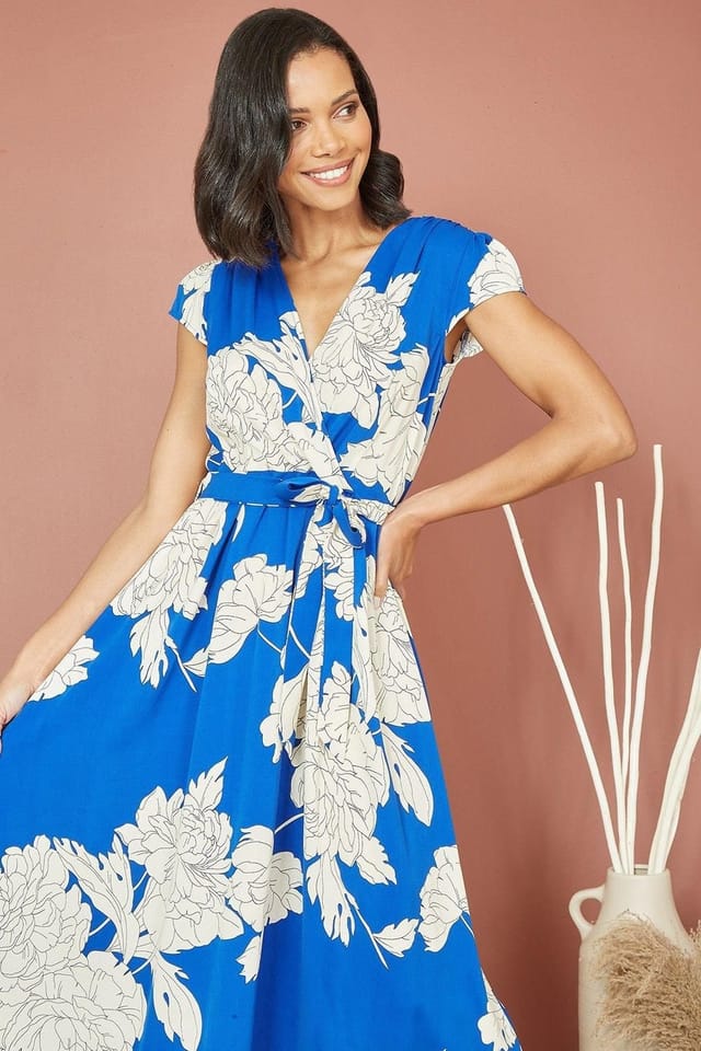 Mela Mela Women's Blue Blossom Print Wrap Midi With Dipped Hem - 2