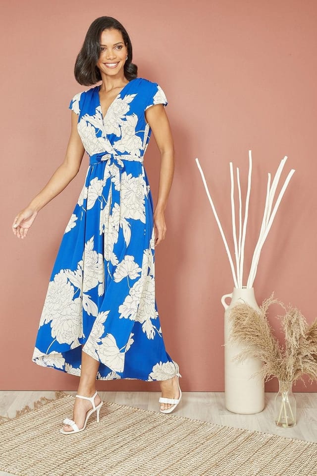 Mela Mela Women's Blue Blossom Print Wrap Midi With Dipped Hem - 3