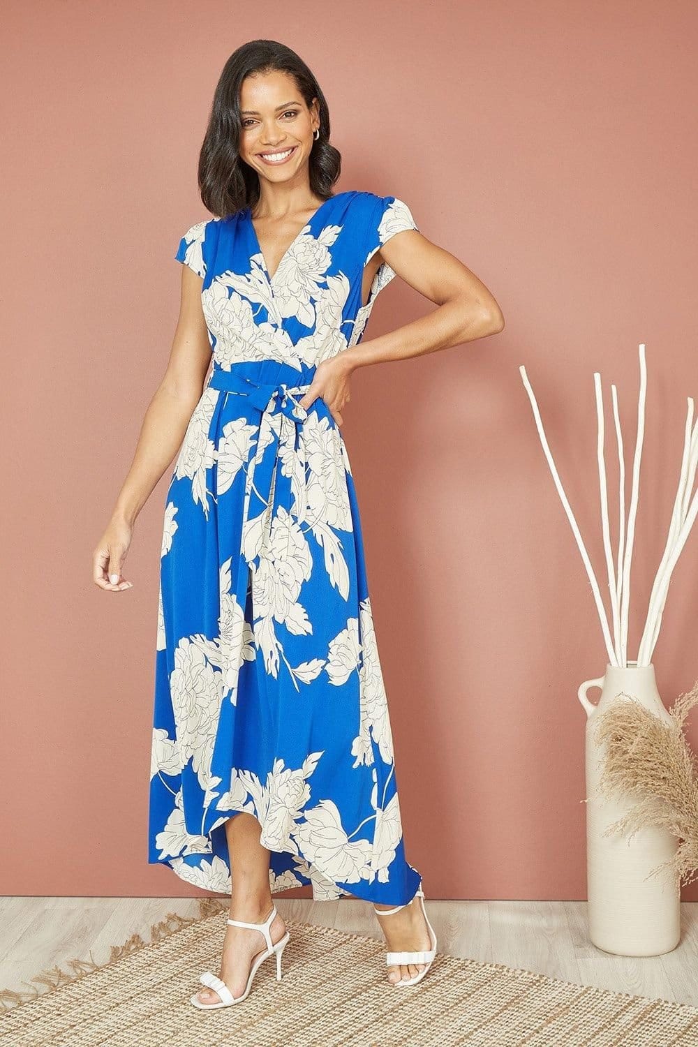 Mela Mela Women's Blue Blossom Print Wrap Midi With Dipped Hem - 4