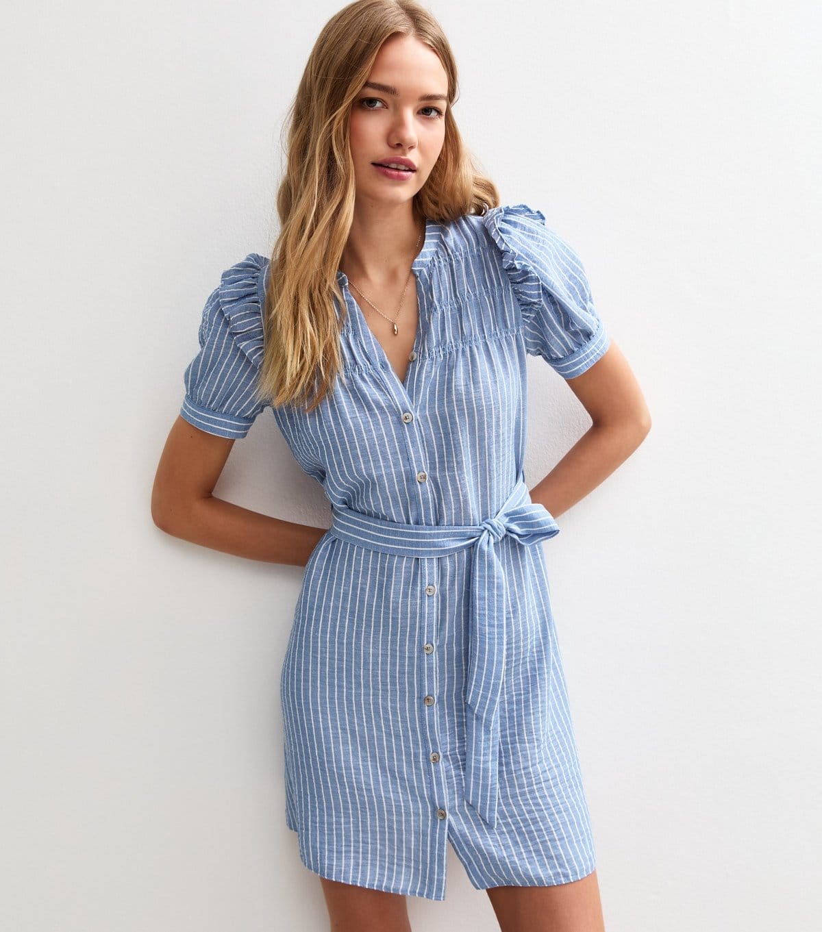 New Look Blue Striped Belted Mini Dress