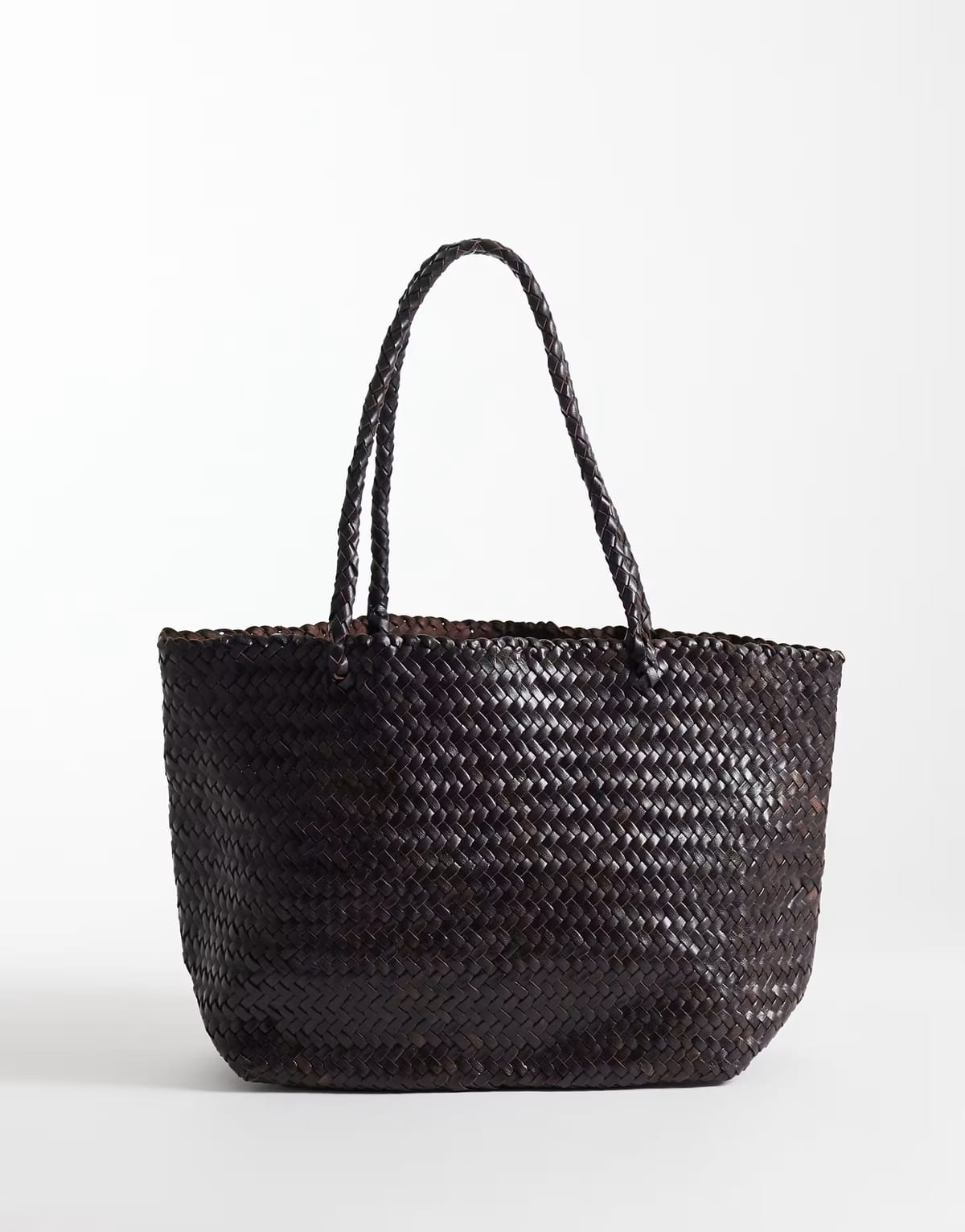 ASOS Mango 100% leather woven tote bag in chocolate - 1