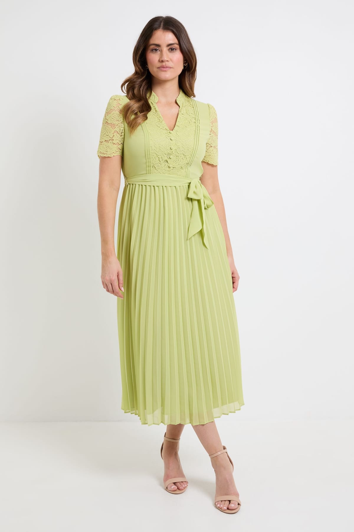 Wallis Wallis Women's Lace Collarless Pleated Midi Dress in Lime - 1