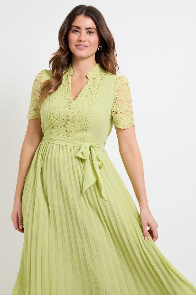 Wallis Wallis Women's Lace Collarless Pleated Midi Dress in Lime - 2