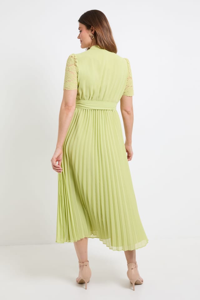 Wallis Wallis Women's Lace Collarless Pleated Midi Dress in Lime - 3