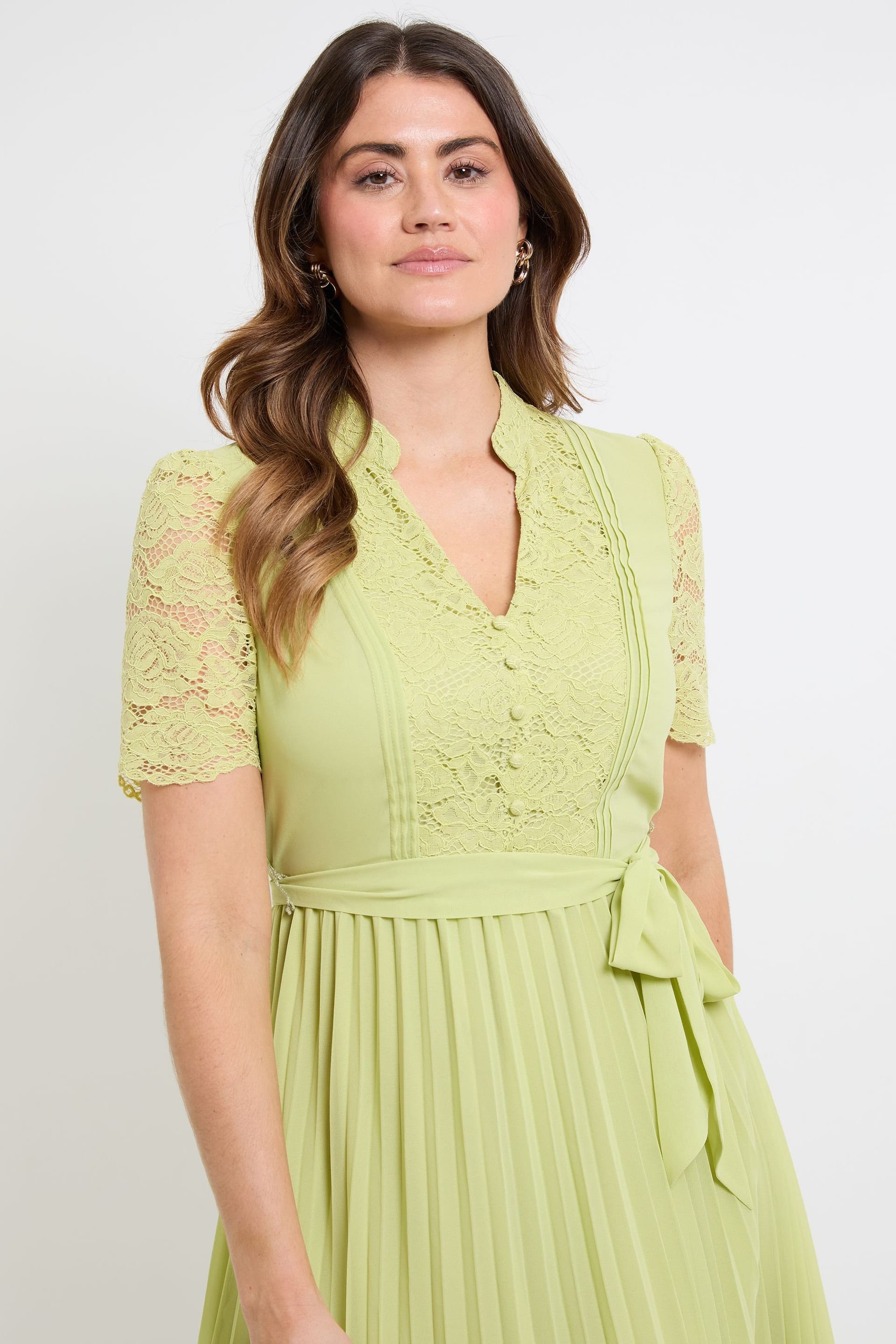 Wallis Wallis Women's Lace Collarless Pleated Midi Dress in Lime - 4