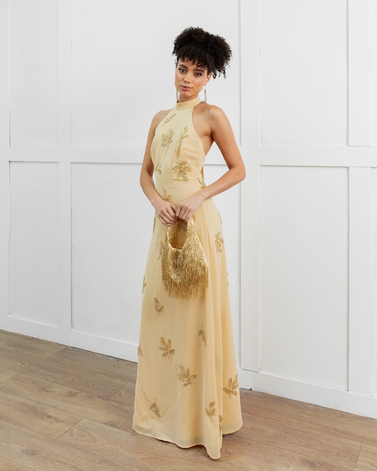 ASOS Maya Embellished halter neck open back maxi dress in buttercream - 1