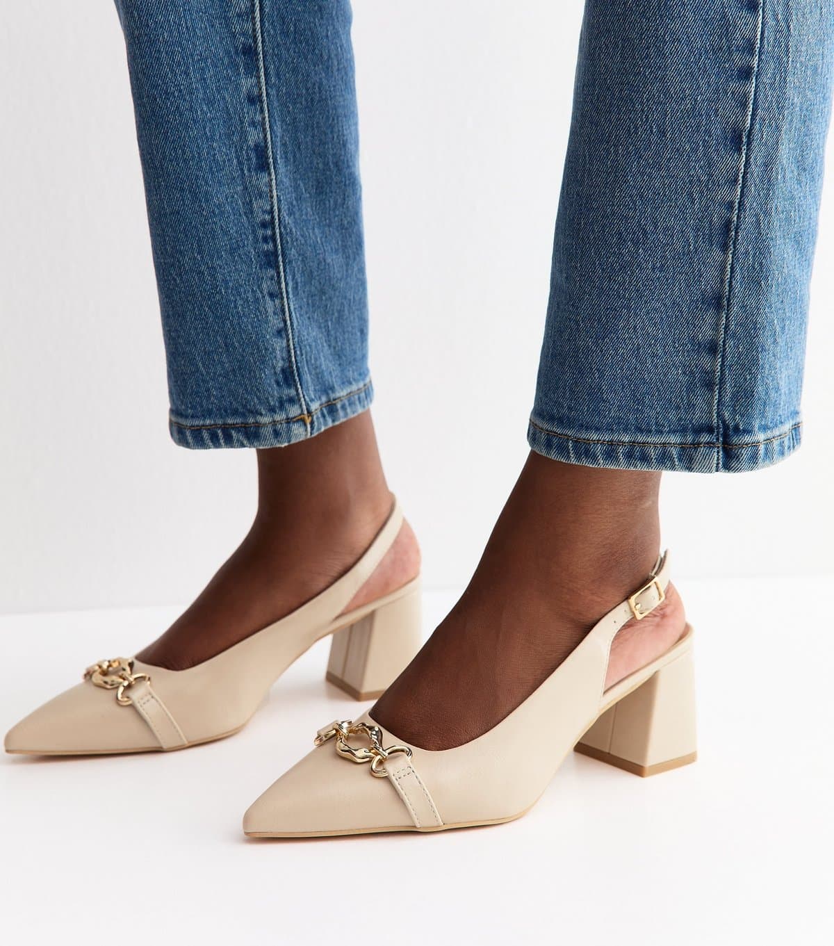 New Look Women's Off White Faux Leather Chain Slingback Block Heels Vegan New Look