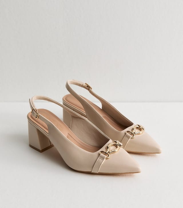 New Look Women's Off White Faux Leather Chain Slingback Block Heels Vegan New Look - 3