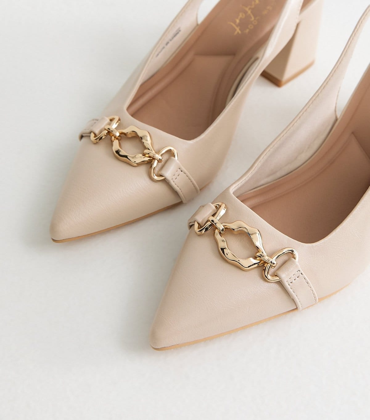 New Look Women's Off White Faux Leather Chain Slingback Block Heels Vegan New Look - 4