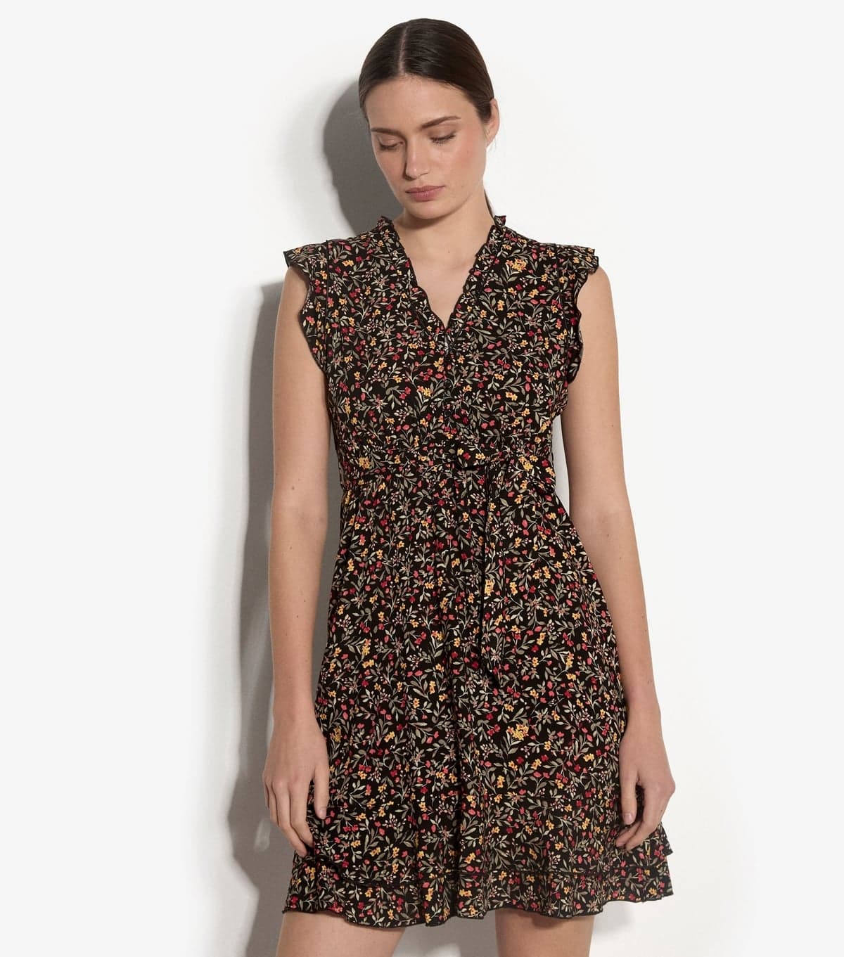 Apricot Women's Black Flower Print Ruffle Trim Mini Dress Apricot New Look