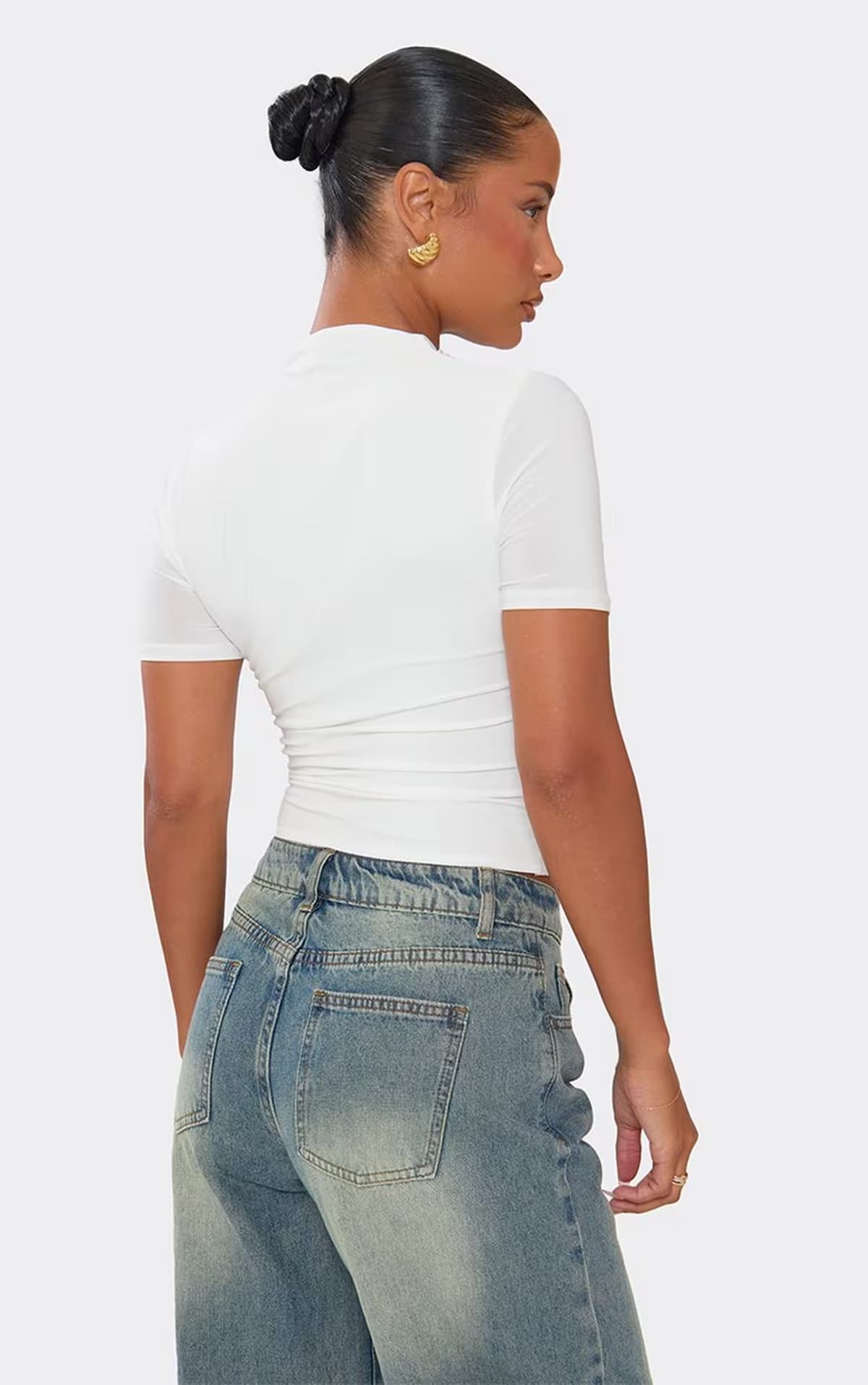 EGO Short Sleeve Wrap Front Top In White, Women's Size UK 12