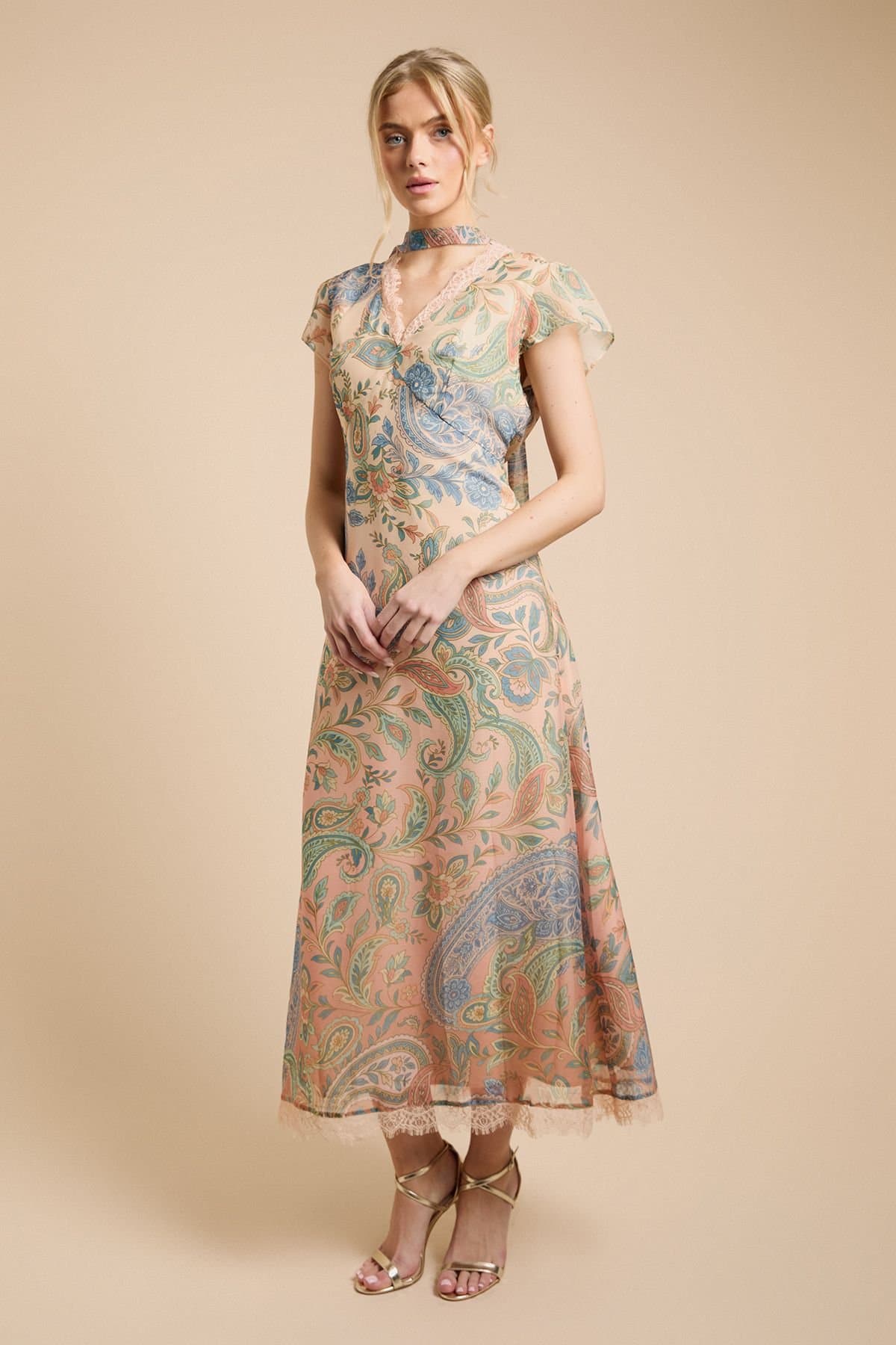 Oasis Oasis Women's Fluted Sleeve Midaxi Dress With Neck Scarf Detail