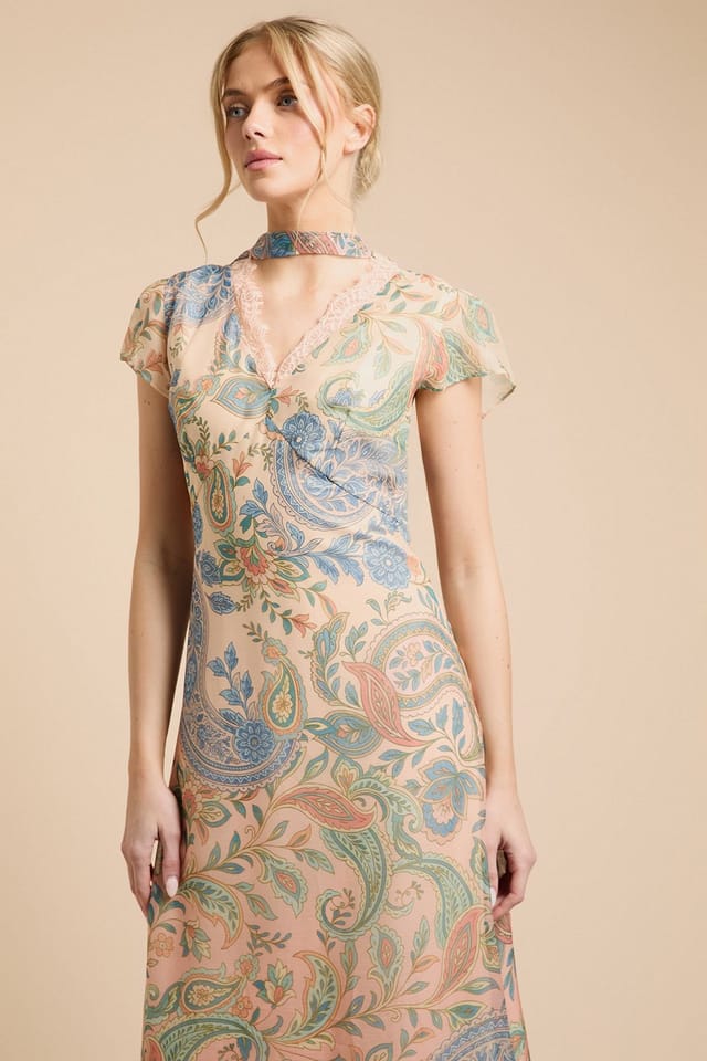 Oasis Oasis Women's Fluted Sleeve Midaxi Dress With Neck Scarf Detail - 2