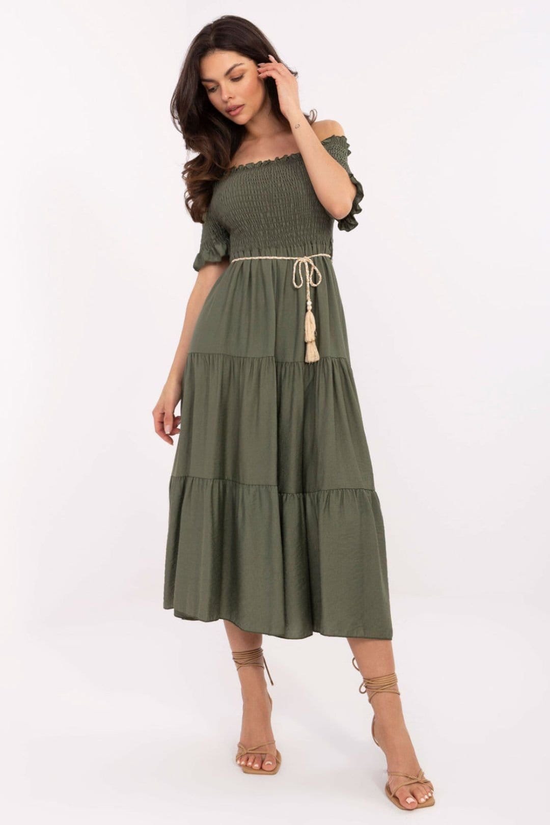 Love Lace Green Viscose/Nylon Flared Midi Dress with Ruffles
