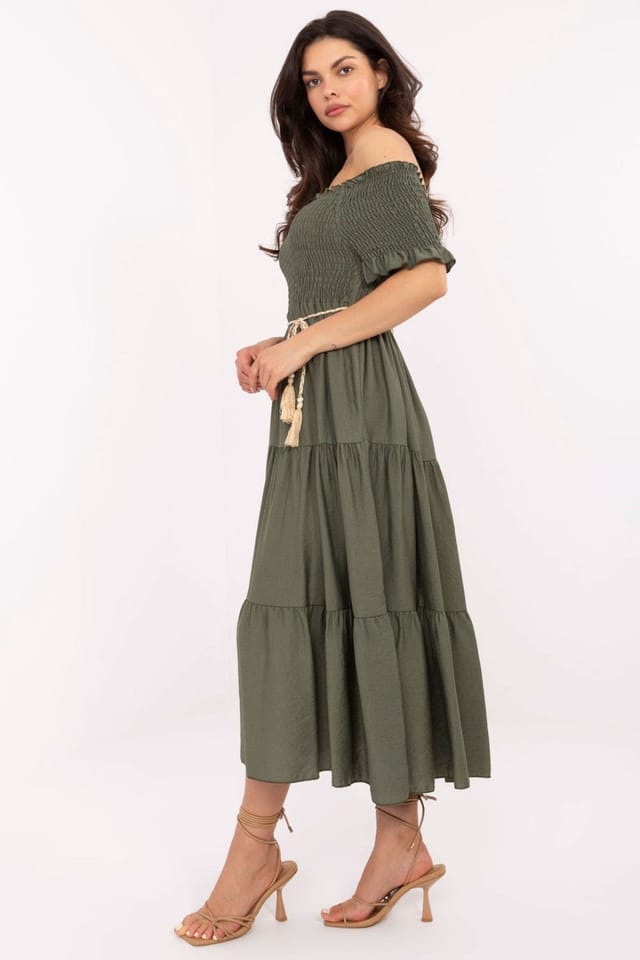 Love Lace Love Lace Women's Italian Viscose Flared Midi Dress with Ruffles in Green - 2