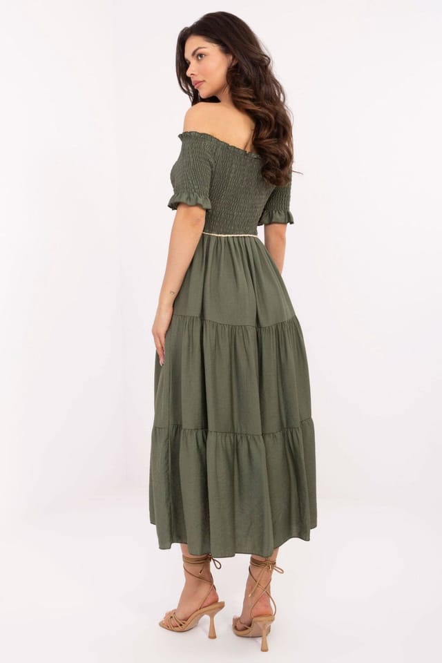 Love Lace Love Lace Women's Italian Viscose Flared Midi Dress with Ruffles in Green - 3