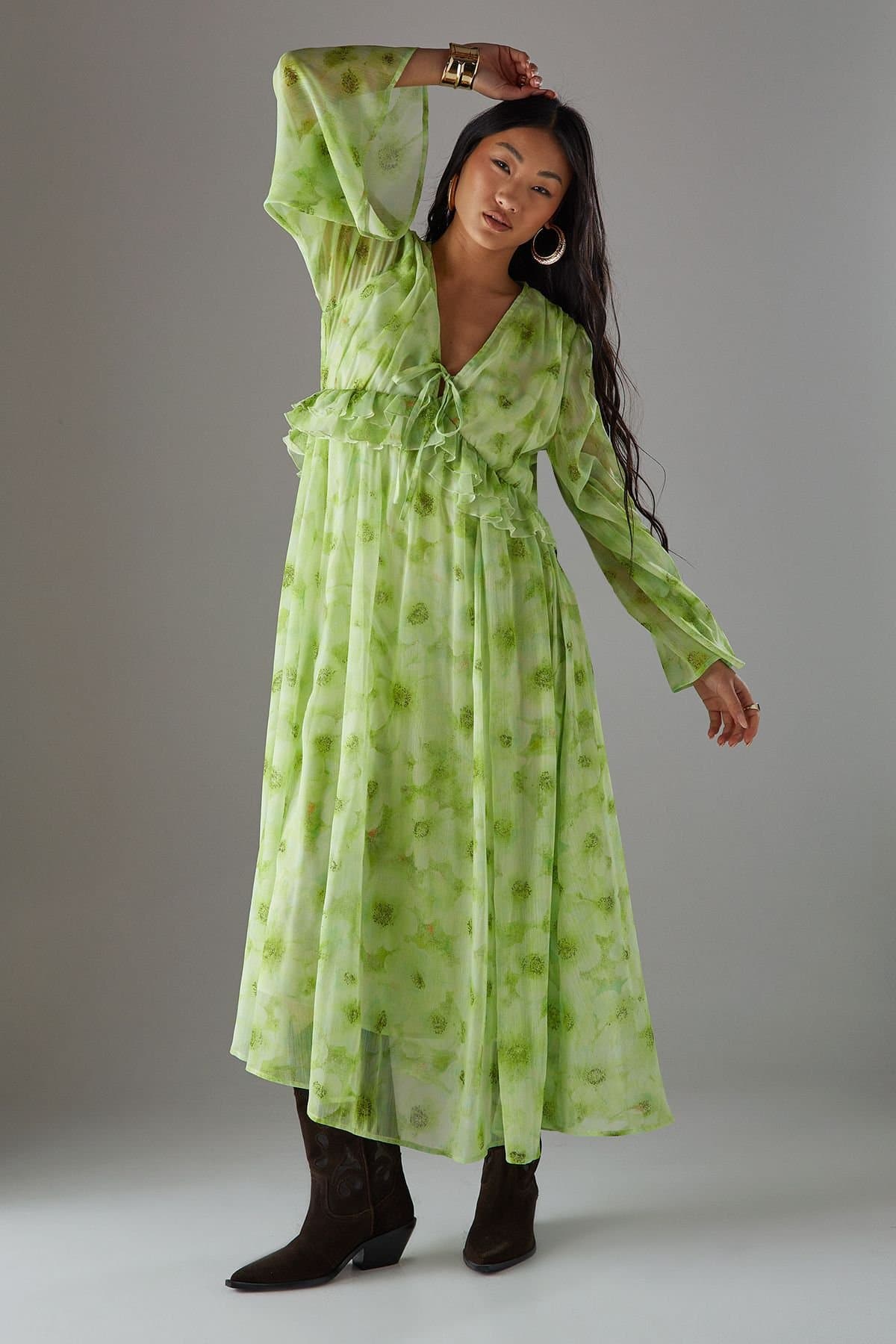 Warehouse Warehouse Women's Petite Chiffon Plunge Neck Ruffle Midi Smock Dress in Yellow