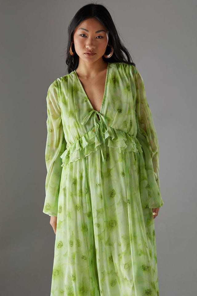 Warehouse Warehouse Women's Petite Chiffon Plunge Neck Ruffle Midi Smock Dress in Yellow - 2