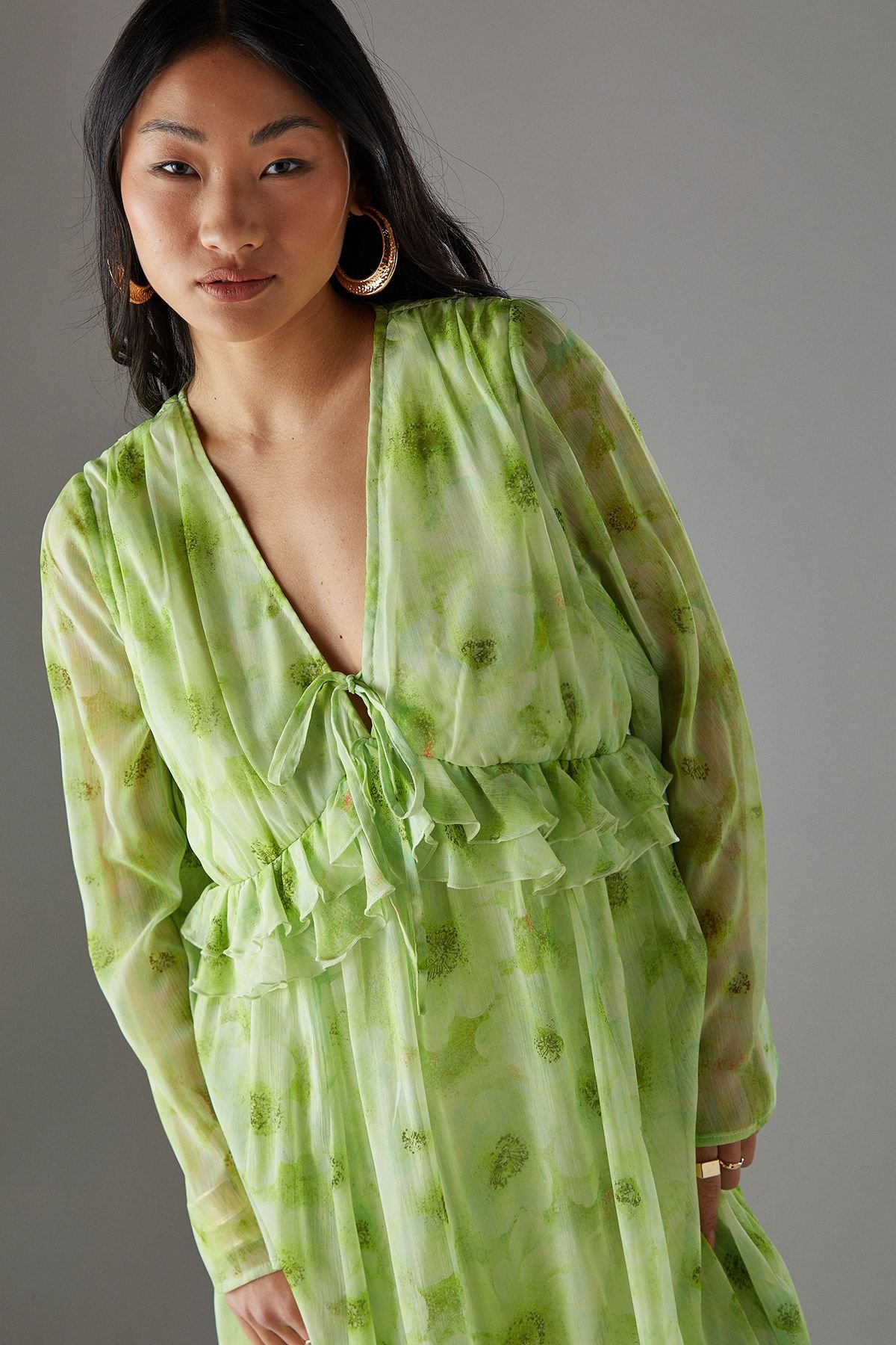 Warehouse Warehouse Women's Petite Chiffon Plunge Neck Ruffle Midi Smock Dress in Yellow - 3