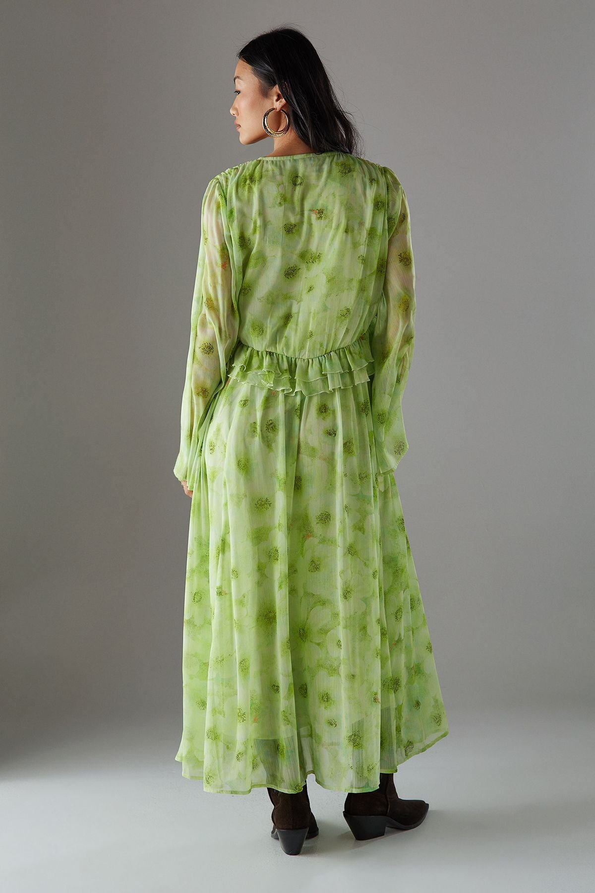 Warehouse Warehouse Women's Petite Chiffon Plunge Neck Ruffle Midi Smock Dress in Yellow - 4