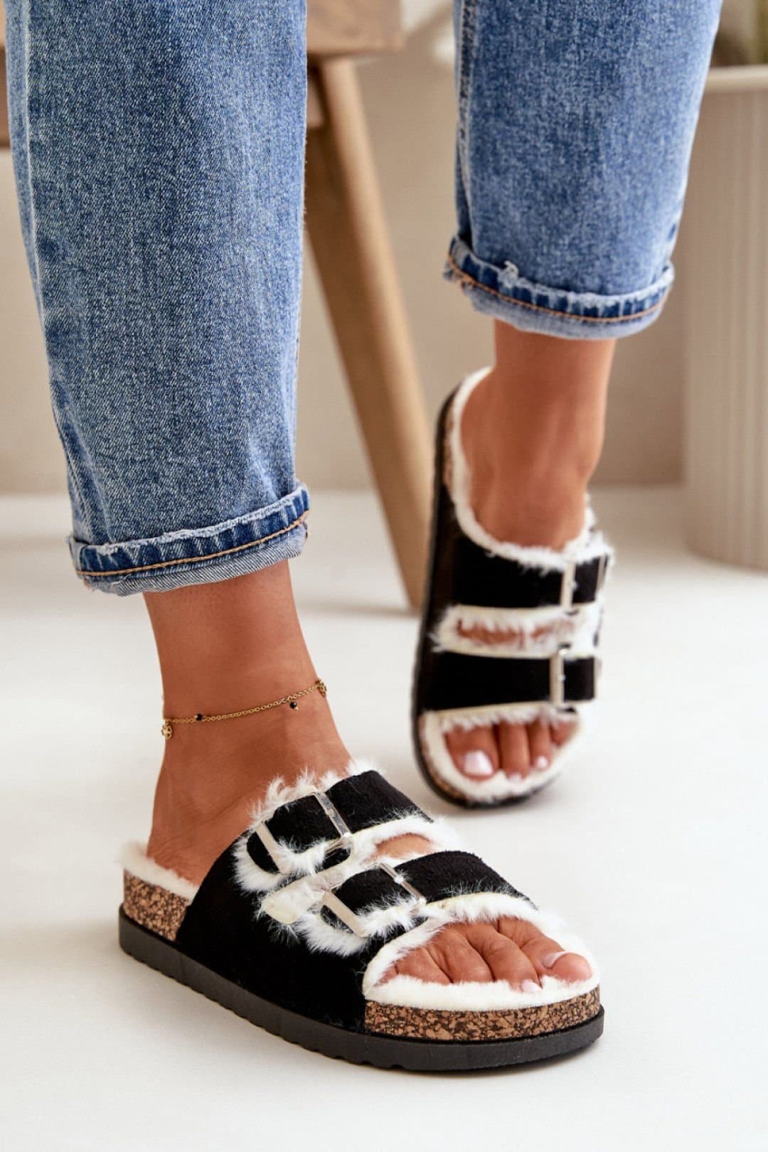 Love Lace Love Lace Women's Fur Lined Adjustable Buckle Platform Home Comfort Slippers in Black