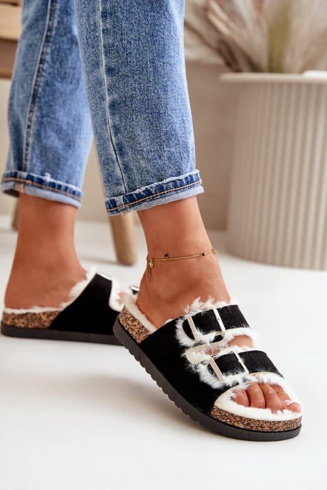 Love Lace Love Lace Women's Fur Lined Adjustable Buckle Platform Home Comfort Slippers in Black - 3